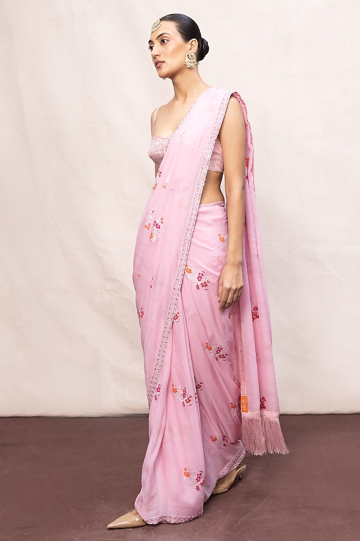 Pink Chiffon Banarasi Embroidered Handwoven Wedding Saree Set by Ekaya at Pernia's Pop Up Shop