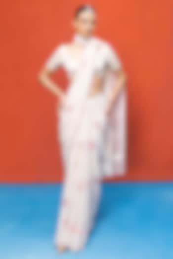 Ivory Chiffon Banarasi Embroidered Handwoven Wedding Saree Set by Ekaya at Pernia's Pop Up Shop