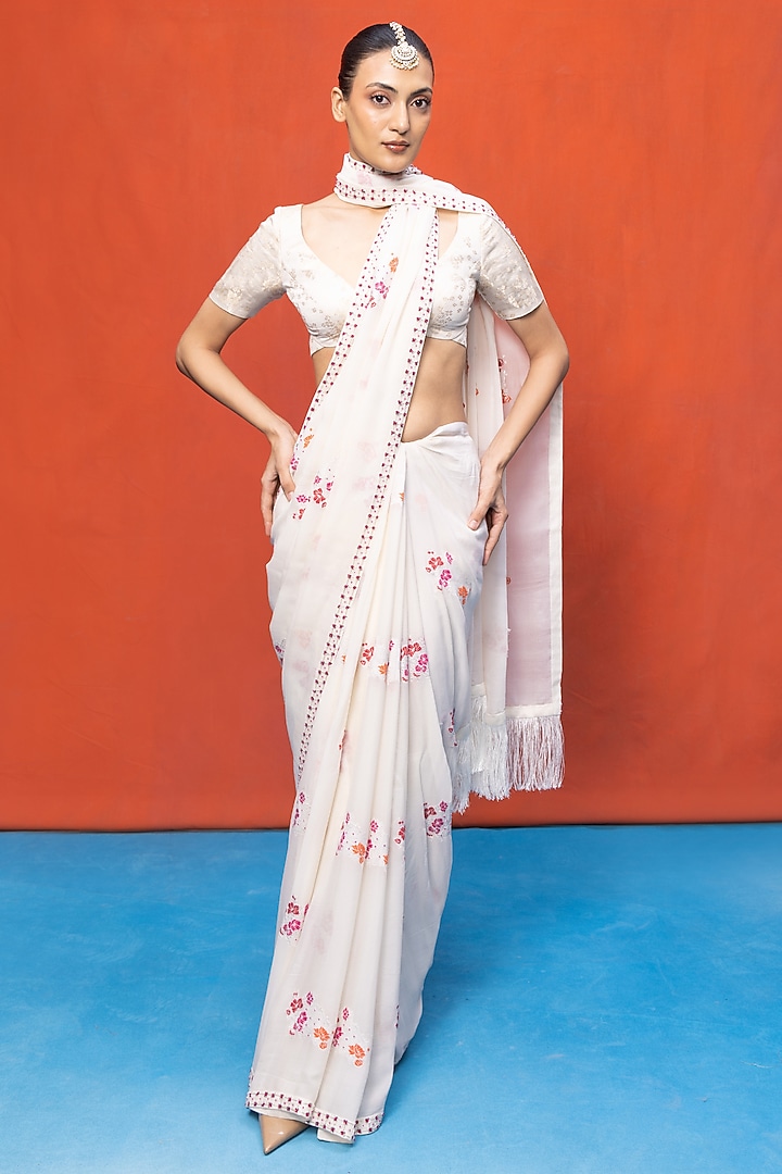 Ivory Chiffon Banarasi Embroidered Handwoven Wedding Saree Set by Ekaya at Pernia's Pop Up Shop