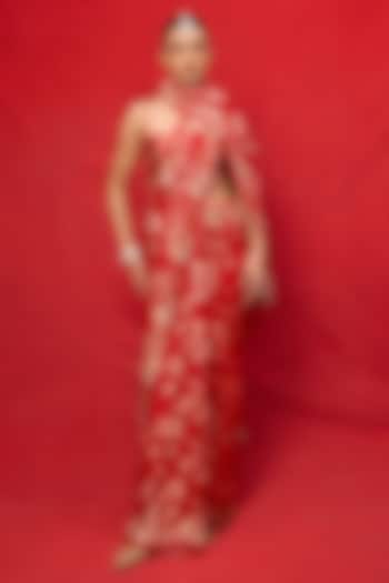 Red Chiffon Banarasi Cutwork Embroidered Handwoven Wedding Saree Set by Ekaya at Pernia's Pop Up Shop