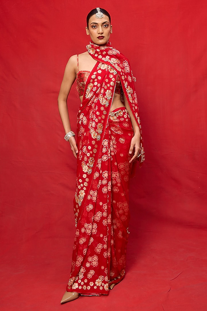 Red Chiffon Banarasi Cutwork Embroidered Handwoven Wedding Saree Set by Ekaya at Pernia's Pop Up Shop