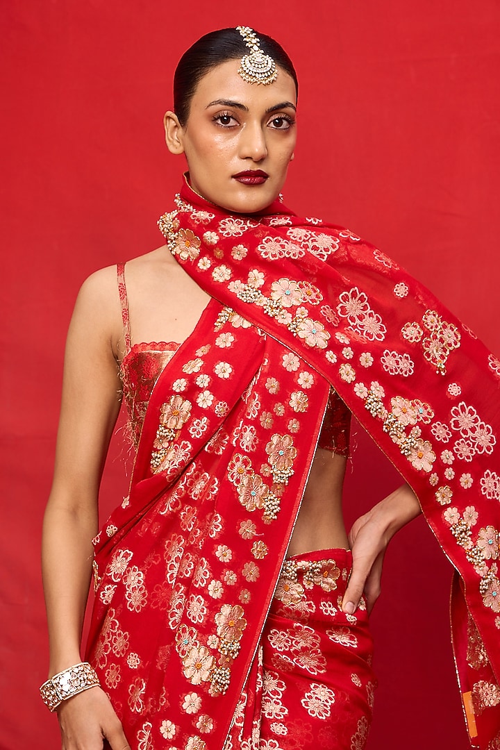 Red Chiffon Banarasi Cutwork Embroidered Handwoven Wedding Saree Set by Ekaya at Pernia's Pop Up Shop