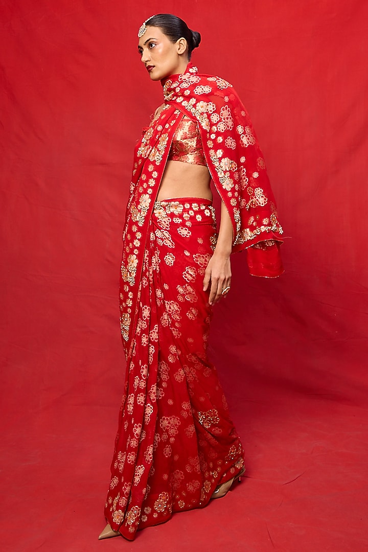 Red Chiffon Banarasi Cutwork Embroidered Handwoven Wedding Saree Set by Ekaya at Pernia's Pop Up Shop