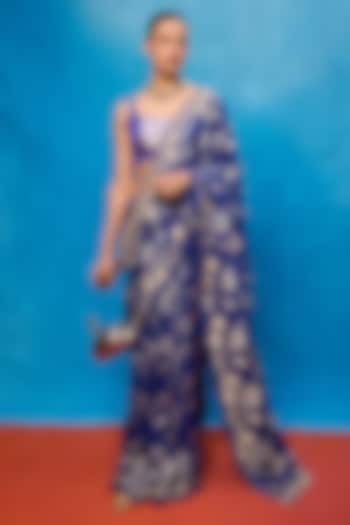 Royal Blue Chiffon Banarasi Cutwork Embroidered Handwoven Wedding Saree Set by Ekaya at Pernia's Pop Up Shop