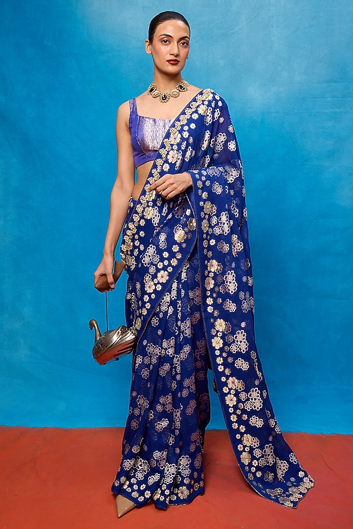 Royal Blue Chiffon Banarasi Cutwork Embroidered Handwoven Wedding Saree Set by Ekaya at Pernia's Pop Up Shop