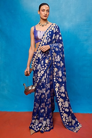 Royal Blue Chiffon Banarasi Cutwork Embroidered Handwoven Saree Set by Ekaya