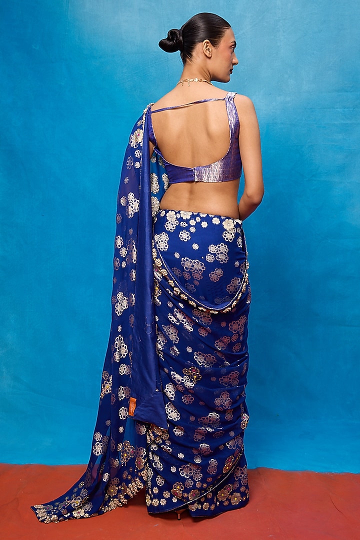 Royal Blue Chiffon Banarasi Cutwork Embroidered Handwoven Wedding Saree Set by Ekaya at Pernia's Pop Up Shop
