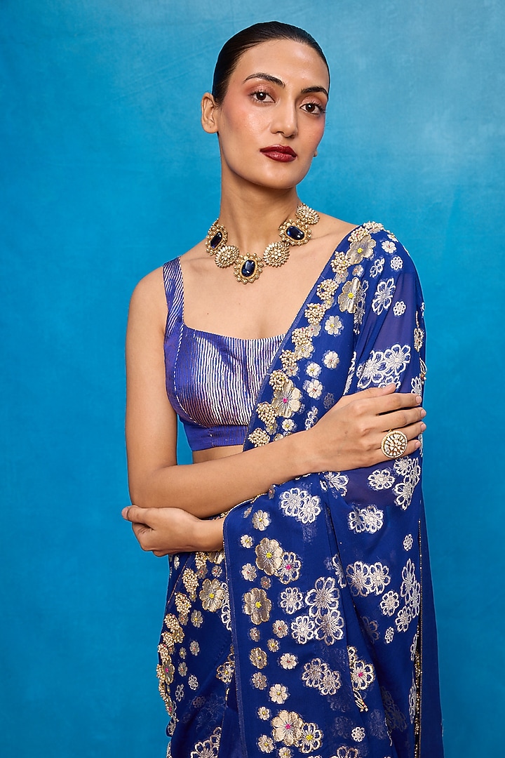 Royal Blue Chiffon Banarasi Cutwork Embroidered Handwoven Wedding Saree Set by Ekaya at Pernia's Pop Up Shop