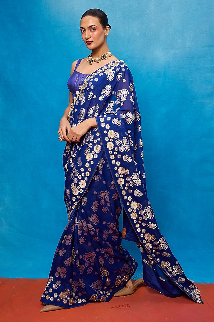 Royal Blue Chiffon Banarasi Cutwork Embroidered Handwoven Wedding Saree Set by Ekaya at Pernia's Pop Up Shop
