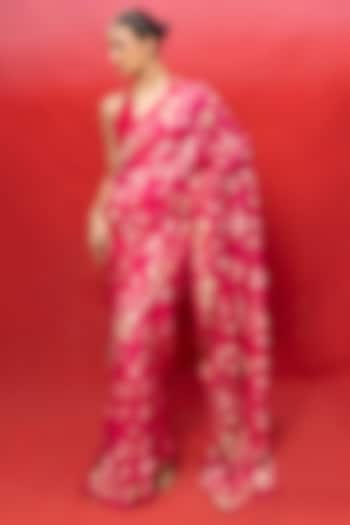 Fuchsia Chiffon Banarasi Cutwork Embroidered Handwoven Wedding Saree Set by Ekaya at Pernia's Pop Up Shop