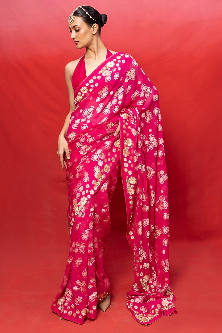Fuchsia Chiffon Banarasi Cutwork Embroidered Handwoven Wedding Saree Set by Ekaya at Pernia's Pop Up Shop