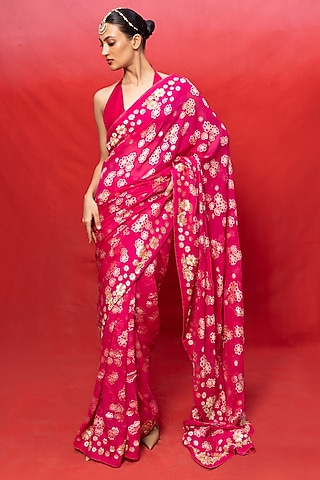 Fuchsia Chiffon Banarasi Cutwork Embroidered Handwoven Saree Set by Ekaya