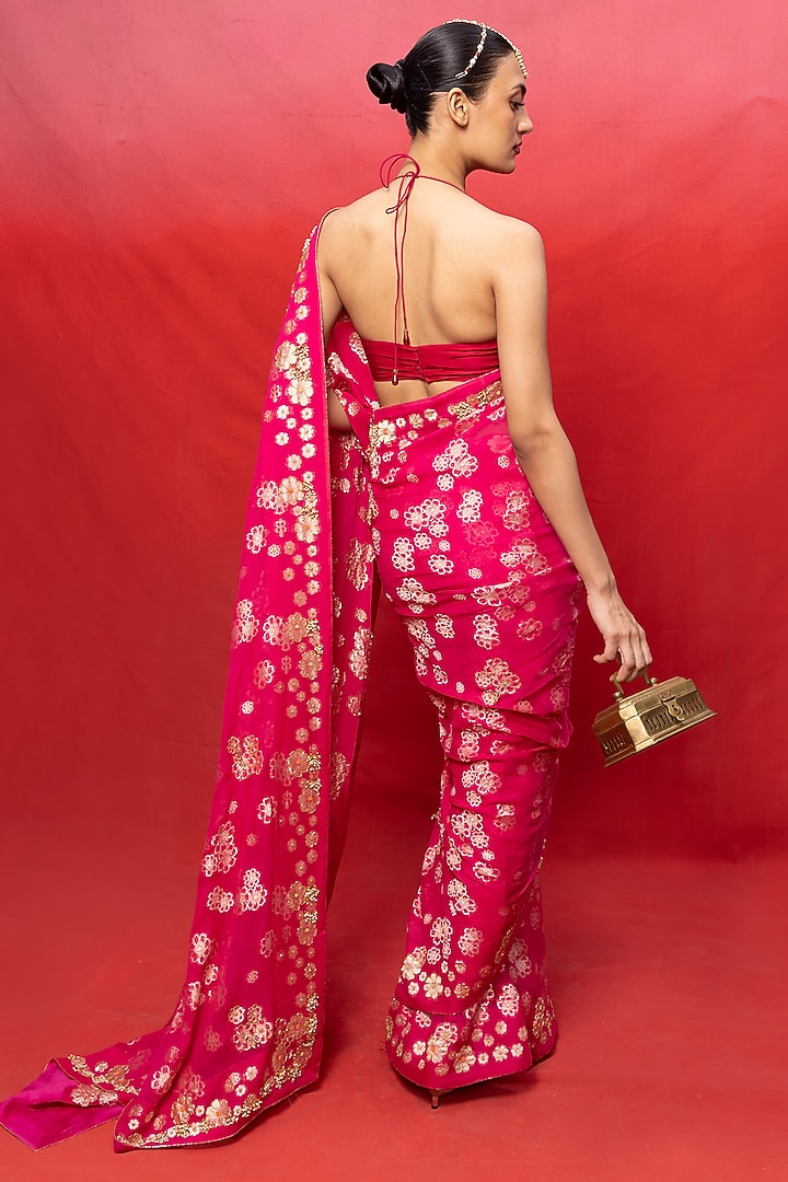 Fuchsia Chiffon Banarasi Cutwork Embroidered Handwoven Wedding Saree Set by Ekaya at Pernia's Pop Up Shop