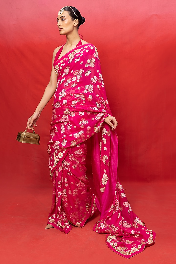 Fuchsia Chiffon Banarasi Cutwork Embroidered Handwoven Wedding Saree Set by Ekaya at Pernia's Pop Up Shop
