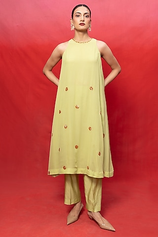 Pista Green Georgette Embroidered Handwoven Kurta Set by Ekaya