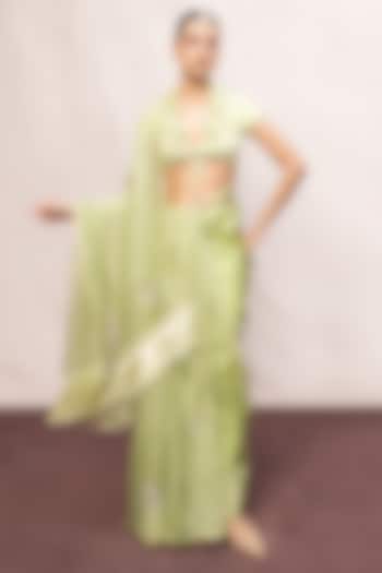 Pista Green Kora Banarasi Embroidered Handwoven Wedding Saree Set by Ekaya at Pernia's Pop Up Shop