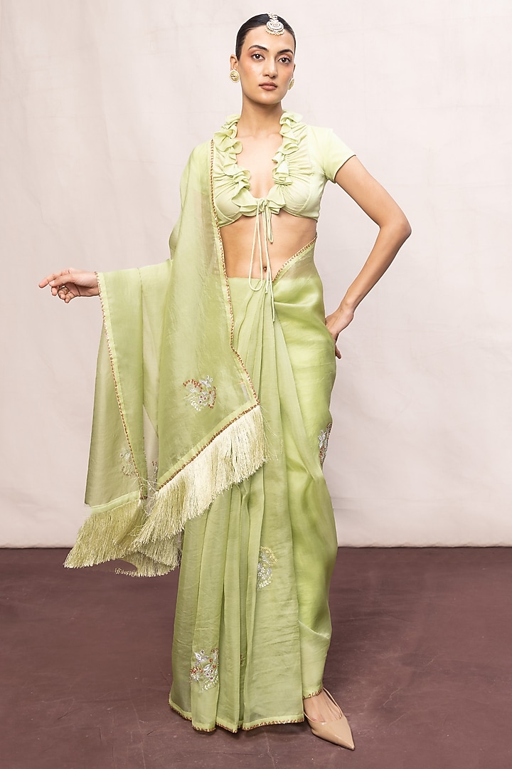 Pista Green Kora Banarasi Embroidered Handwoven Wedding Saree Set by Ekaya at Pernia's Pop Up Shop