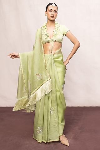Pista Green Kora Banarasi Embroidered Handwoven Saree Set by Ekaya