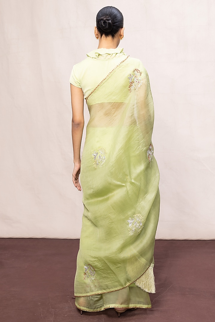 Pista Green Kora Banarasi Embroidered Handwoven Wedding Saree Set by Ekaya at Pernia's Pop Up Shop