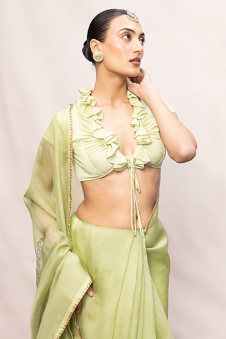 Pista Green Kora Banarasi Embroidered Handwoven Wedding Saree Set by Ekaya at Pernia's Pop Up Shop