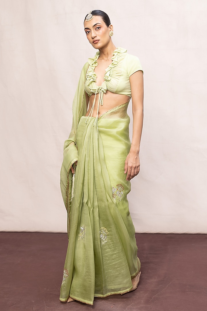 Pista Green Kora Banarasi Embroidered Handwoven Wedding Saree Set by Ekaya at Pernia's Pop Up Shop
