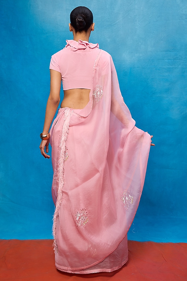 Pink Kora Banarasi Embroidered Handwoven Wedding Saree Set by Ekaya at Pernia's Pop Up Shop