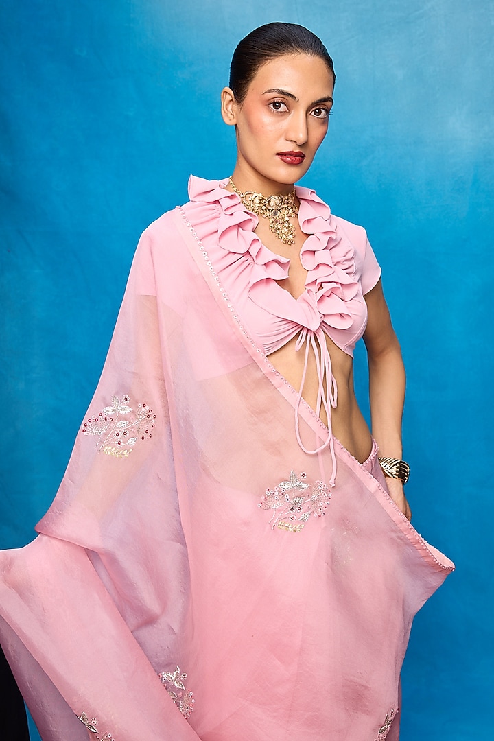 Pink Kora Banarasi Embroidered Handwoven Wedding Saree Set by Ekaya at Pernia's Pop Up Shop