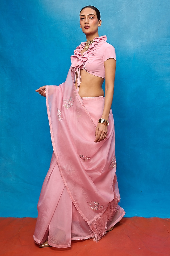 Pink Kora Banarasi Embroidered Handwoven Wedding Saree Set by Ekaya at Pernia's Pop Up Shop