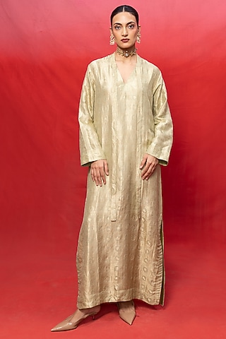 Pista Green Silk Handwoven Embossed Kaftan by Ekaya