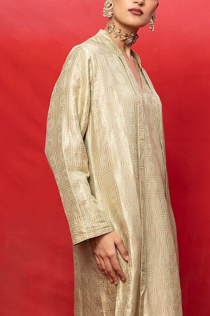 Pista Green Silk Handwoven Embossed Kaftan by Ekaya at Pernia's Pop Up Shop