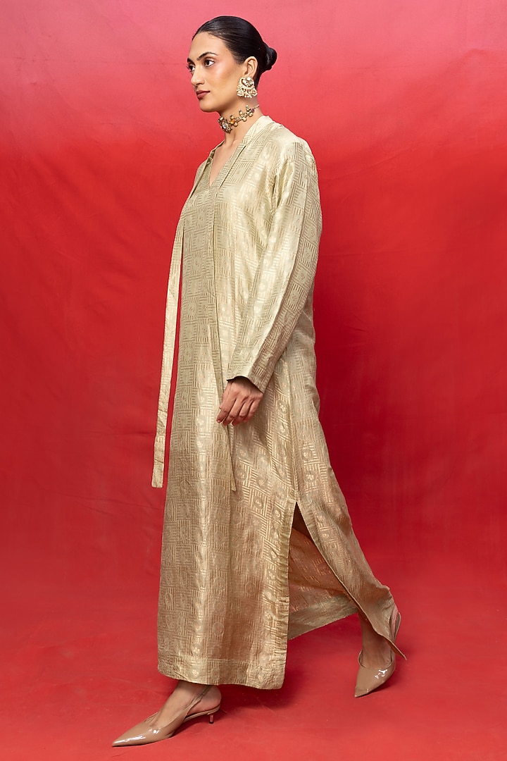 Pista Green Silk Handwoven Embossed Kaftan by Ekaya at Pernia's Pop Up Shop