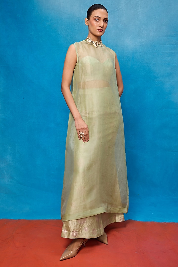 Pista Green Silk Banarasi Handwoven Cutwork Kurta Set by Ekaya at Pernia's Pop Up Shop