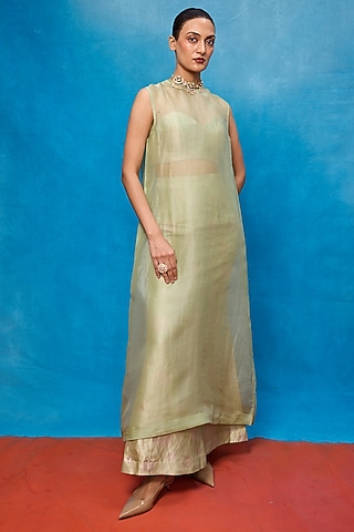 Pista Green Silk Banarasi Handwoven Cutwork Kurta Set by Ekaya