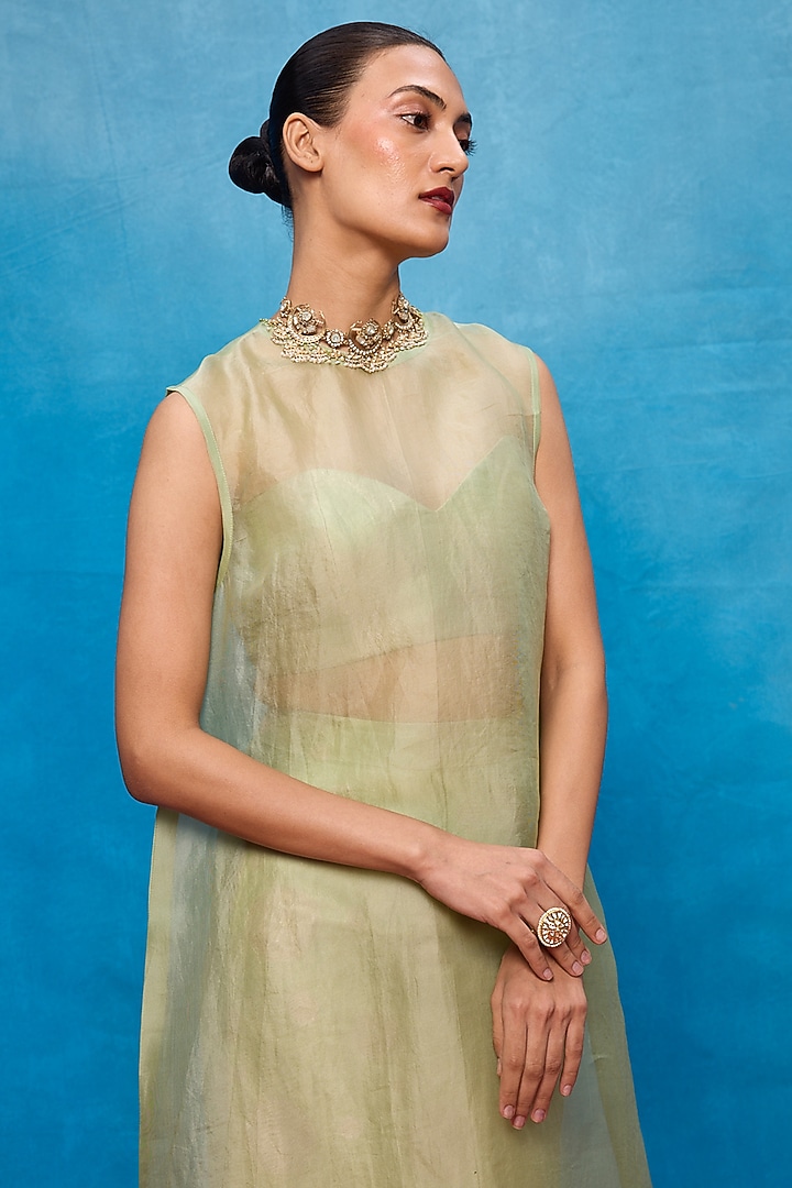 Pista Green Silk Banarasi Handwoven Cutwork Kurta Set by Ekaya at Pernia's Pop Up Shop