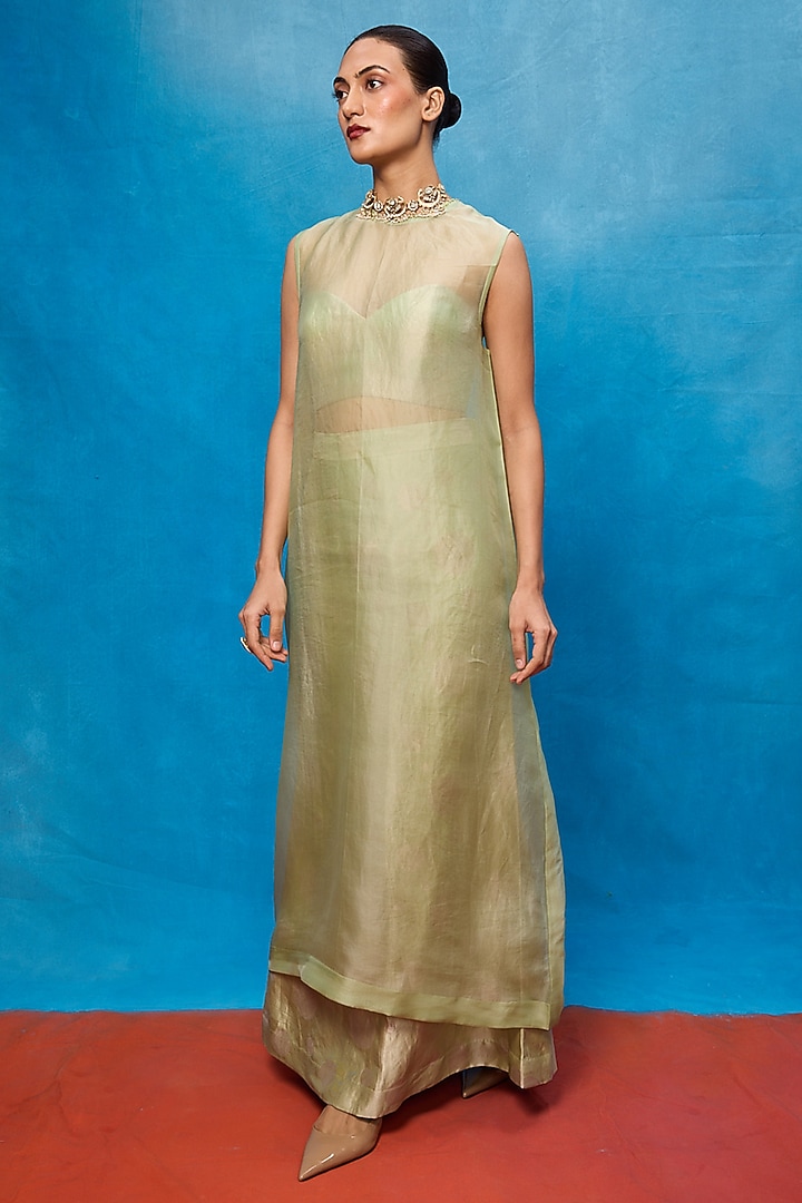 Pista Green Silk Banarasi Handwoven Cutwork Kurta Set by Ekaya at Pernia's Pop Up Shop