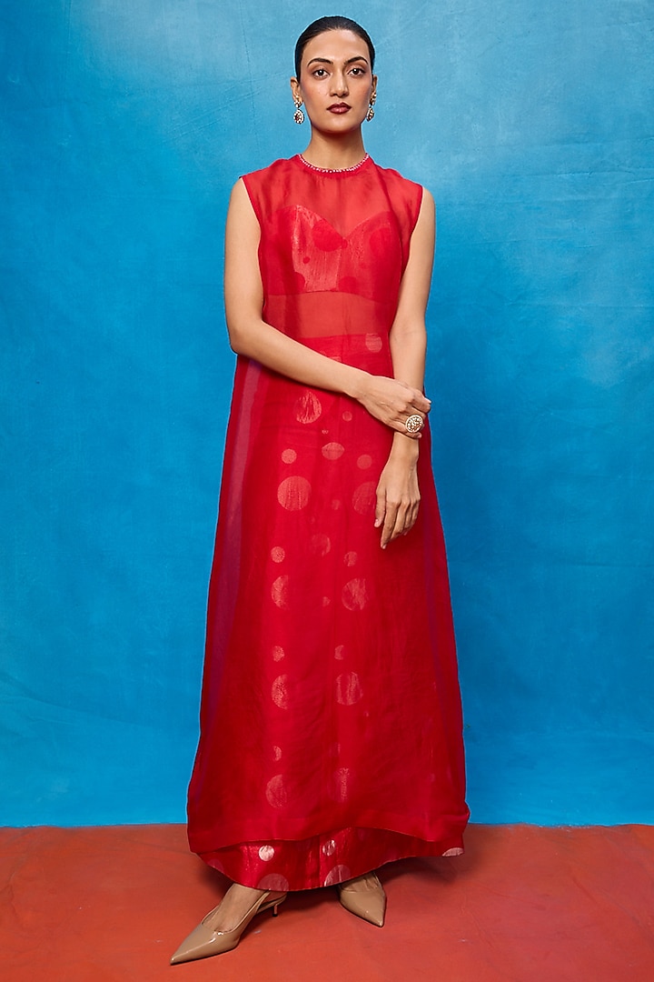Red Silk Banarasi Handwoven Cutwork Kurta Set by Ekaya at Pernia's Pop Up Shop