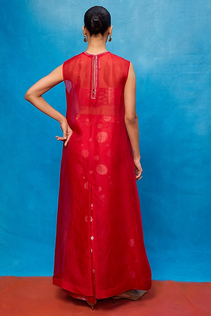 Red Silk Banarasi Handwoven Cutwork Kurta Set by Ekaya at Pernia's Pop Up Shop