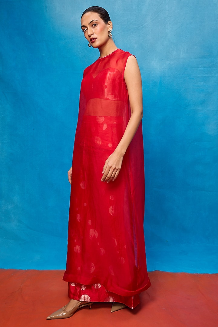 Red Silk Banarasi Handwoven Cutwork Kurta Set by Ekaya at Pernia's Pop Up Shop