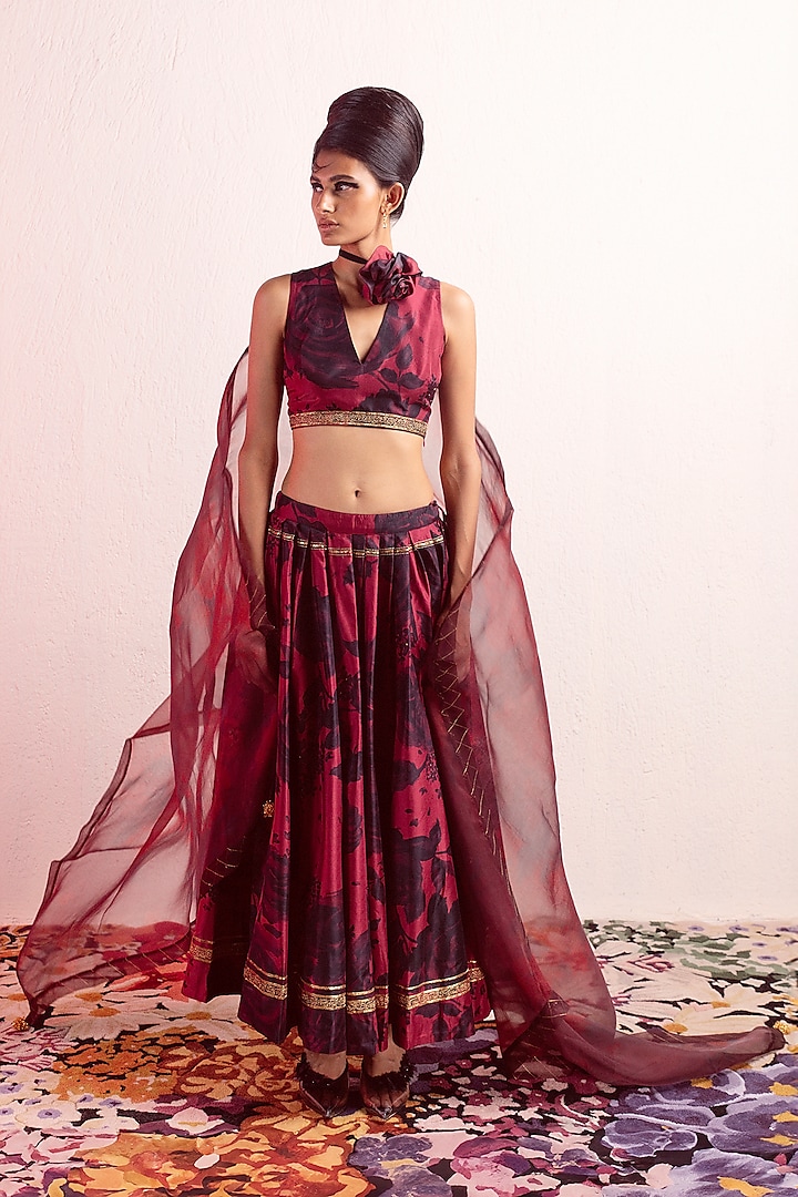 Deep Garnet Silk Floral Printed & Hand Embroidered Handwoven Wedding Lehenga Set by Ekaya at Pernia's Pop Up Shop