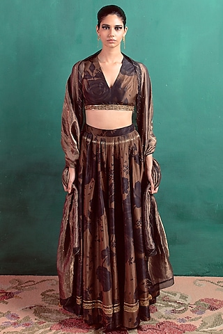 Brown Silk Floral Printed & Hand Embroidered Handwoven Lehenga Set by Ekaya