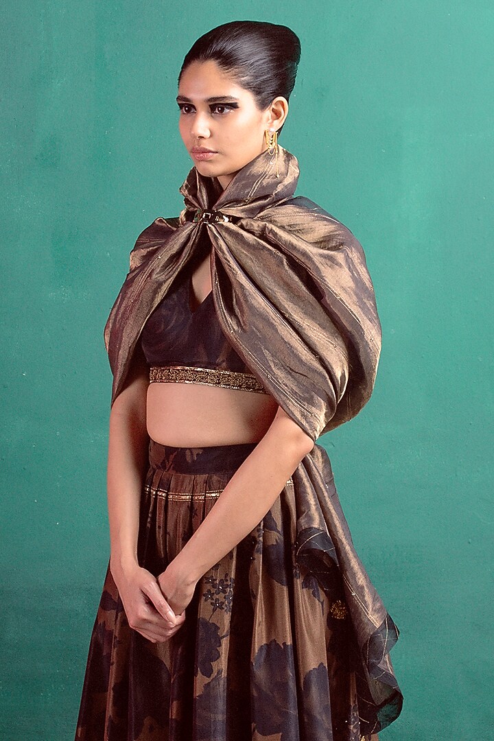 Brown Silk Floral Printed & Hand Embroidered Handwoven Wedding Lehenga Set by Ekaya at Pernia's Pop Up Shop