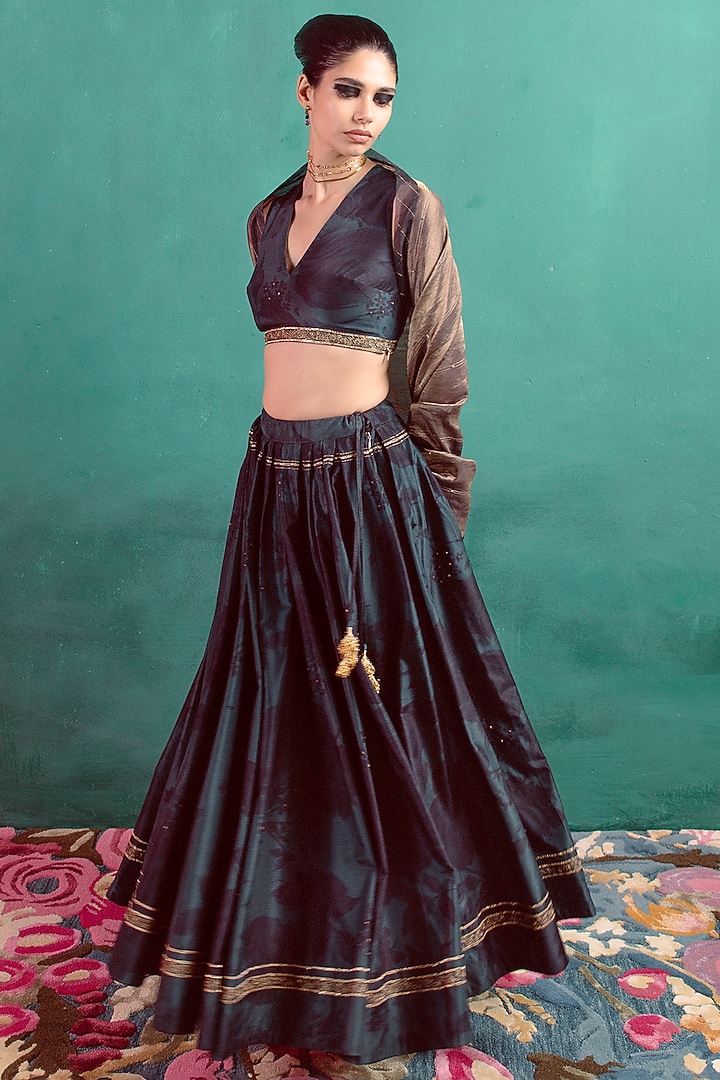 Green Silk Floral Printed & Hand Embroidered Handwoven Wedding Lehenga Set by Ekaya at Pernia's Pop Up Shop