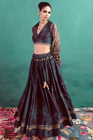 Green Silk Floral Printed & Hand Embroidered Handwoven Lehenga Set by Ekaya