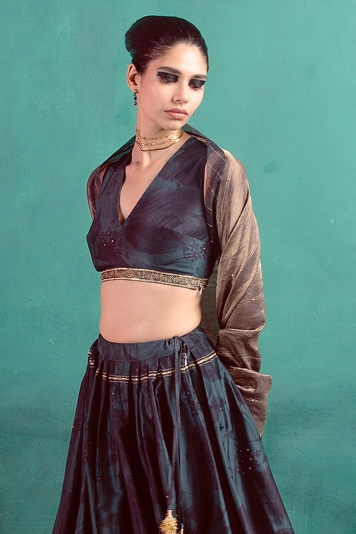 Green Silk Floral Printed & Hand Embroidered Handwoven Wedding Lehenga Set by Ekaya at Pernia's Pop Up Shop
