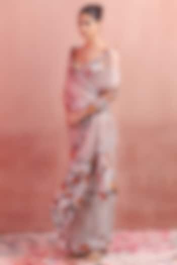 Ivory Organza & Silk Floral Printed Handwoven Wedding Saree Set by Ekaya at Pernia's Pop Up Shop