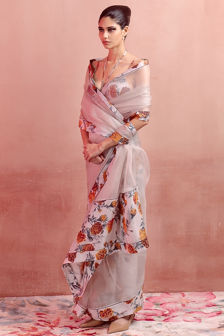 Ivory Organza & Silk Floral Printed Handwoven Wedding Saree Set by Ekaya at Pernia's Pop Up Shop