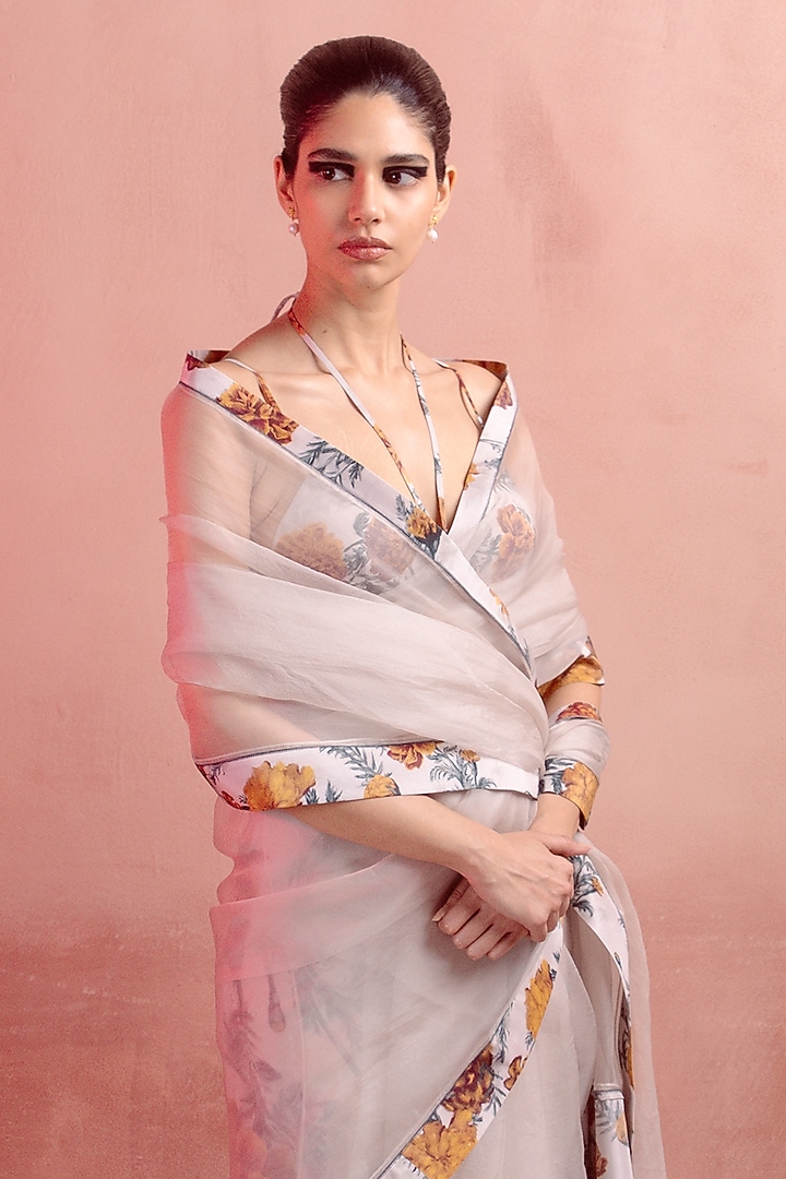 Ivory Organza & Silk Floral Printed Handwoven Wedding Saree Set by Ekaya at Pernia's Pop Up Shop