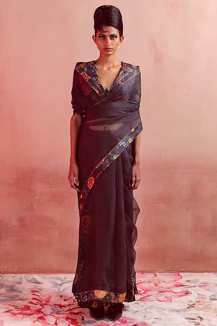 Charcoal Grey Organza & Silk Floral Printed Saree Set by Ekaya at Pernia's Pop Up Shop