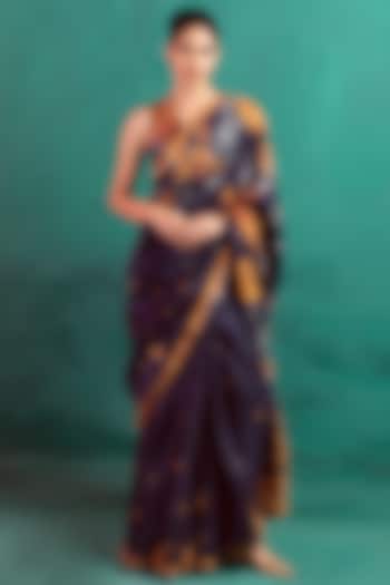 Navy Blue Silk Floral Printed Party Wear Saree Set by Ekaya at Pernia's Pop Up Shop