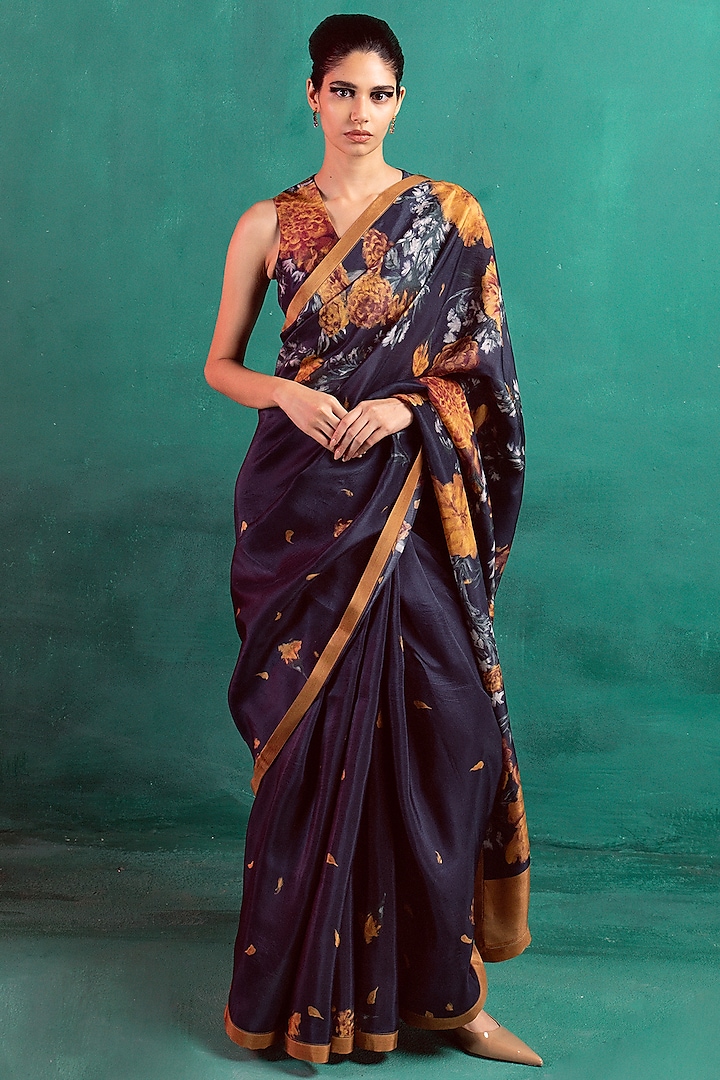 Navy Blue Silk Floral Printed Party Wear Saree Set by Ekaya at Pernia's Pop Up Shop